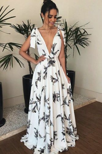 Fashion Suspender Boho Sexy Backless V-Neck Print Wedding Guest Dress