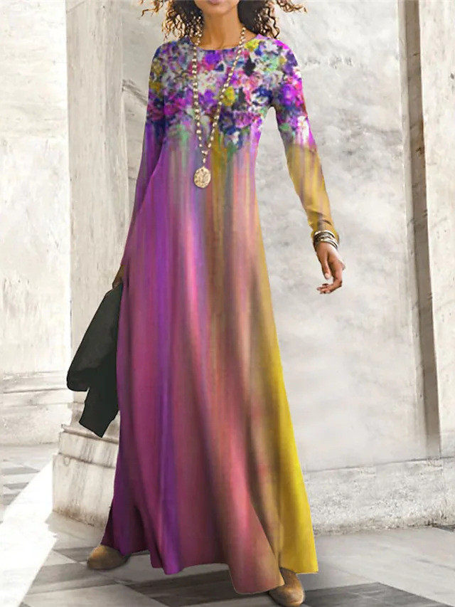 Elegant Round Neck 3D Printed Long Sleeve Irregular Swing Pullover Maxi Dress