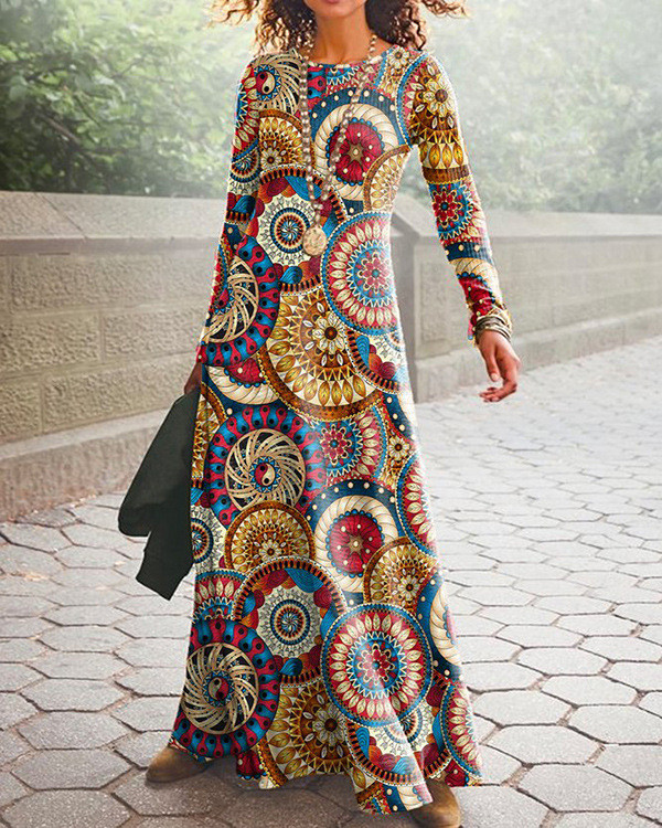 Bohemian Style Fashion 3D Printing Ethnic Abstract Pattern Round Neck Maxi Dress