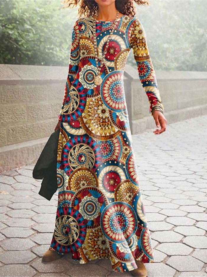 Vintage Ethnic Print Fashion Party Sexy High Waist Maxi Dress