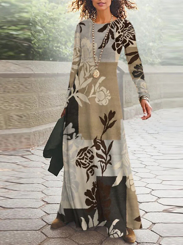 Fashion Casual Round Neck 3D Printed Long Sleeve Irregular  Maxi Dress