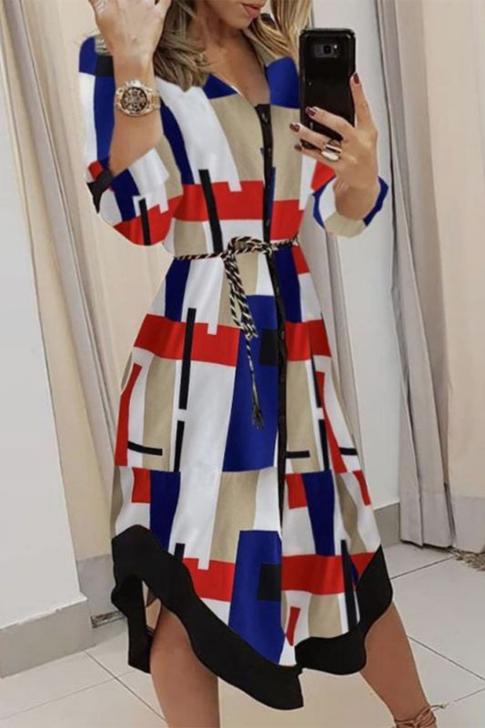 Sexy Fashion Print V Neck Tie Long Sleeve Temperament Casual Dress