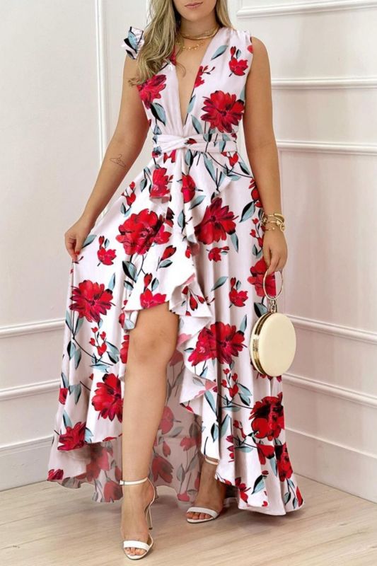 Plunge High Slit Ruffles Floral Print  Wedding Guest Dress