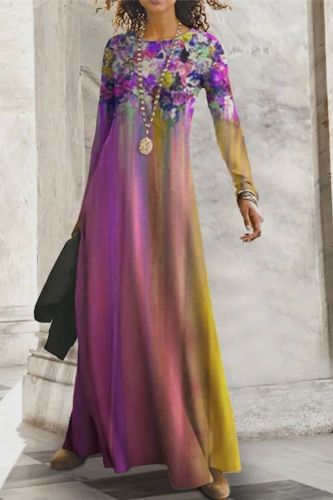 Elegant Round Neck 3D Printed Long Sleeve Irregular Swing Pullover Maxi Dress
