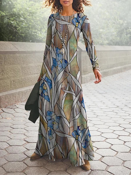 Fashion 3D Printing Ethnic Abstract Round Neck Bohemian Casual Dress