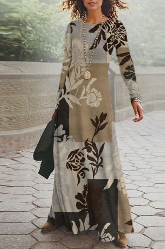Fashion Casual Round Neck 3D Printed Long Sleeve Irregular  Maxi Dress