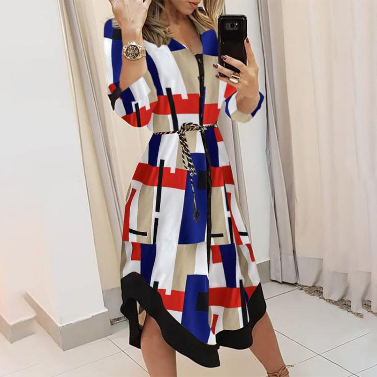 Sexy Fashion Print V Neck Tie Long Sleeve Temperament Casual Dress