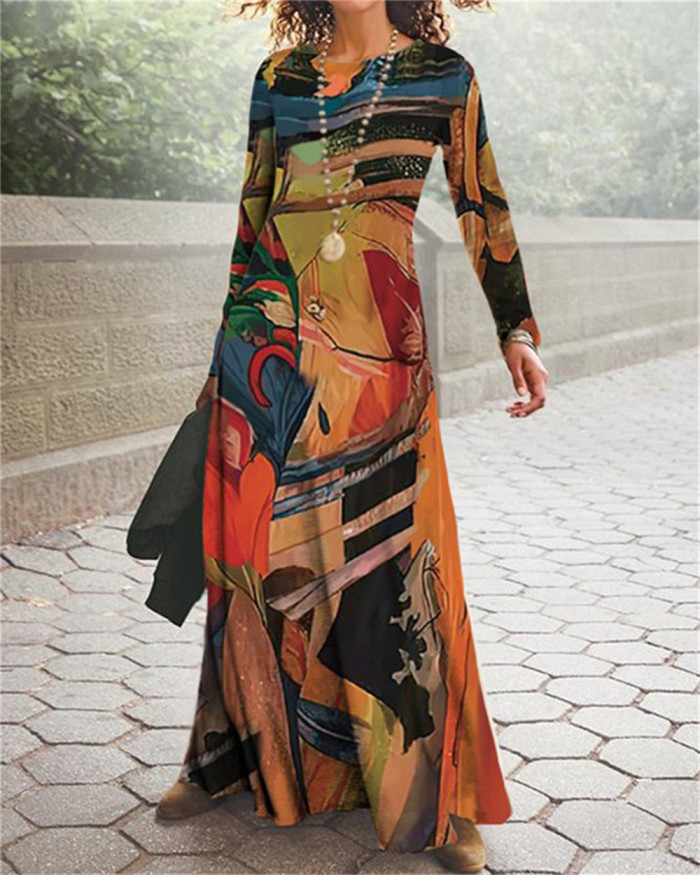 Vintage Ethnic Print Fashion Party Sexy High Waist Maxi Dress