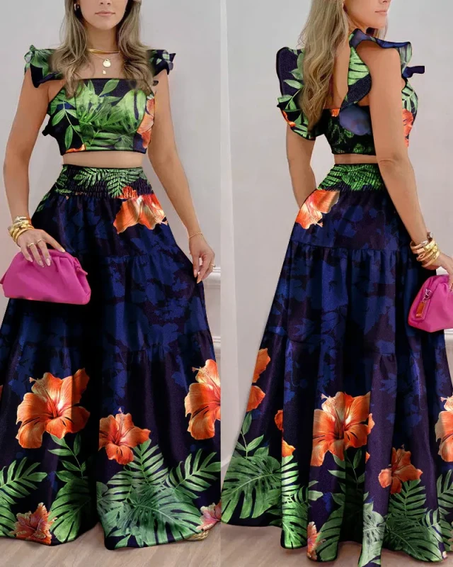 Trendy Bohemian Print Pleated Cropped Top and Skirt Wedding Guest Dress