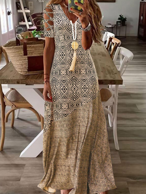 Fashion Hollow Retro Print Casual V Neck Short Sleeve  Maxi Dress