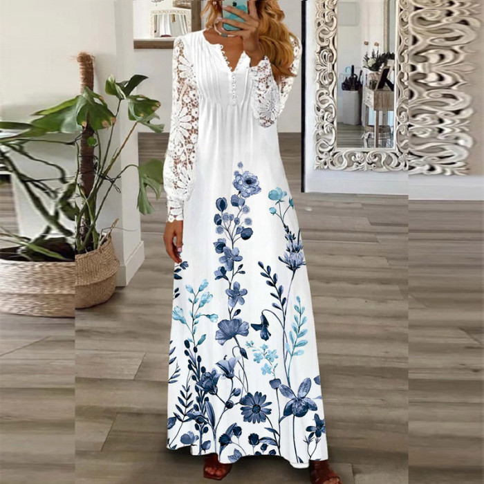 Sexy V Neck Loose Elegant Print Bohemian Party Fashion Pleated  Maxi Dress