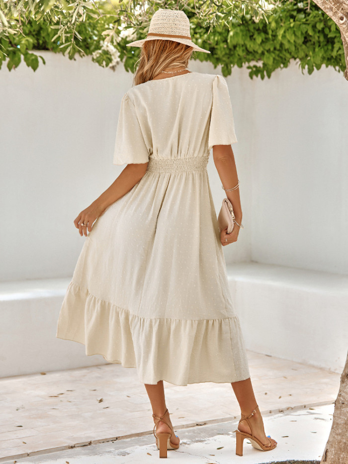 Fashion Casual V Neck Ruffle Sleeves Solid Color Beach Wedding Guest Dress