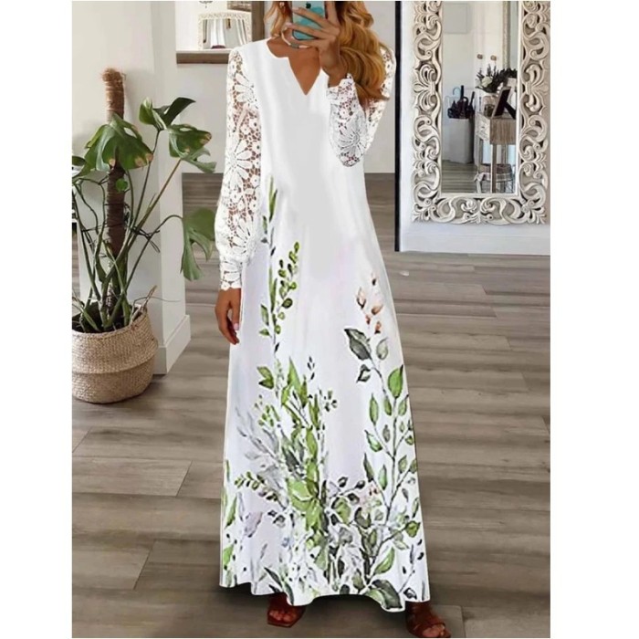 Women Fashion V Neck Printed Lace Boho  Maxi Dress