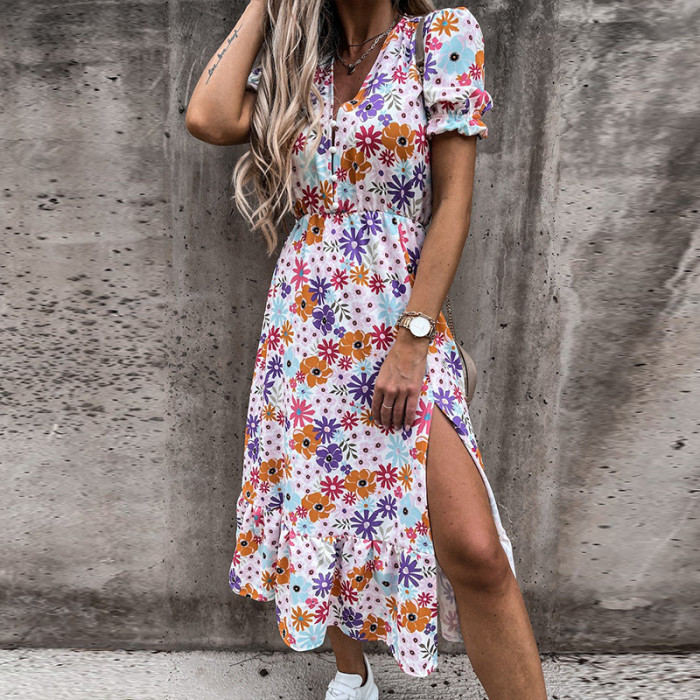 Boho Floral Casual Sexy V Neck Half Sleeve High Waist  Maxi Dress