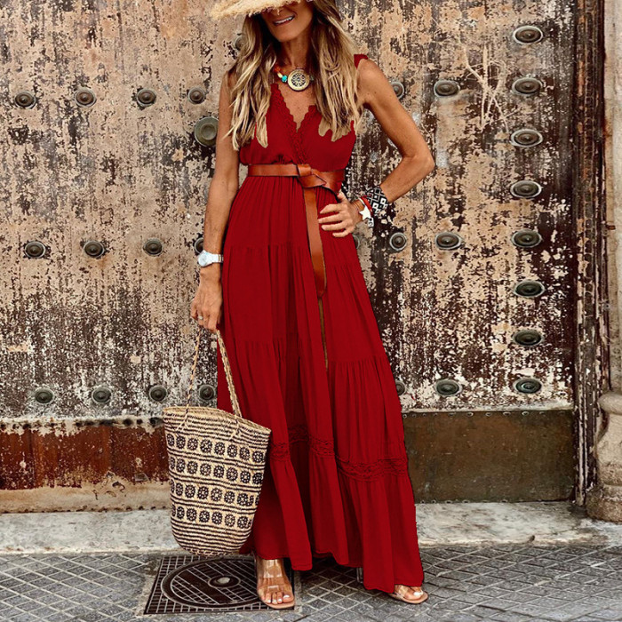 Sexy V Neck Fashion Elegant Embroidered Lace Party Maxi Dress