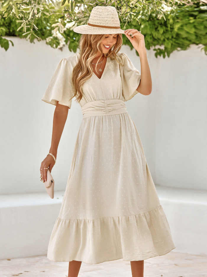 Fashion Casual V Neck Ruffle Sleeves Solid Color Beach Wedding Guest Dress