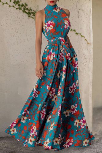 Fashion Halter Print Sleeveless Bohemian Elegant Sexy  Wedding Guest Dress