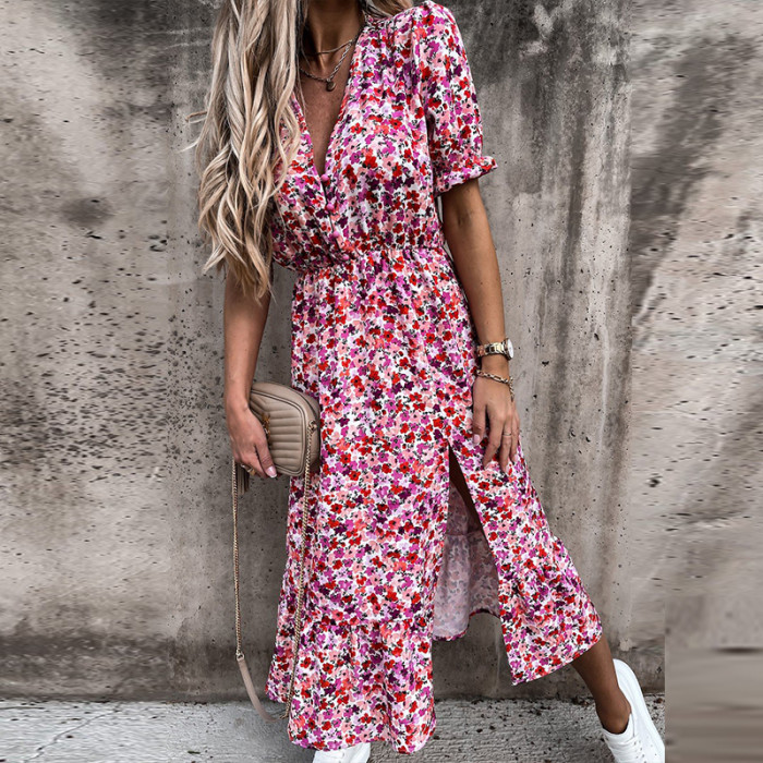 Boho Floral Casual Sexy V Neck Half Sleeve High Waist  Maxi Dress