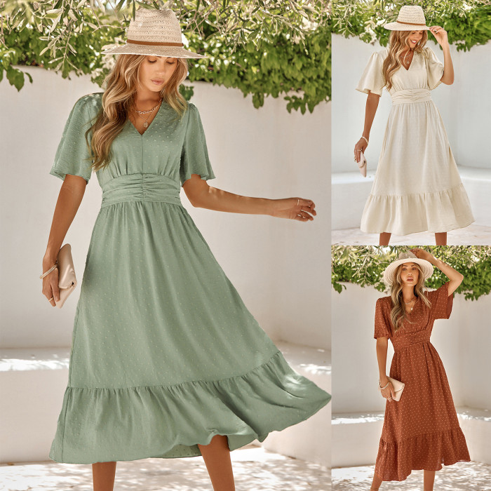 Fashion Casual V Neck Ruffle Sleeves Solid Color Beach Wedding Guest Dress