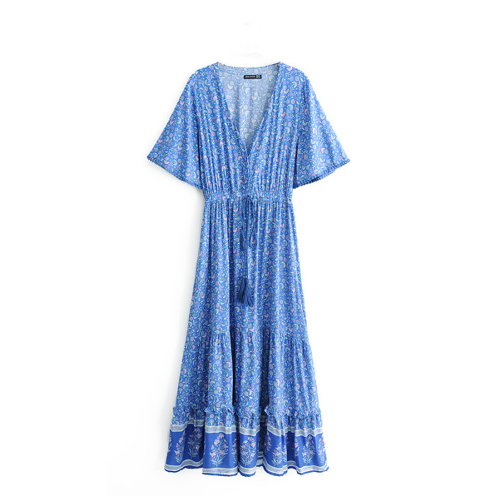 Fashion Printed V -neck Beach Posamian Wind  Maxi Dress
