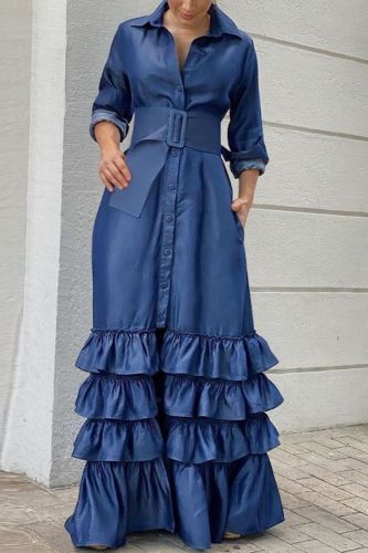 Fashion Casual Solid Color Lapel Long Sleeve Belt Maxi Dress