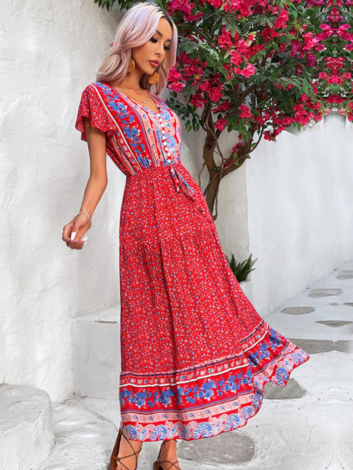 Sexy Elegant A-Line Printed V-Neck Fashion  Maxi Dress