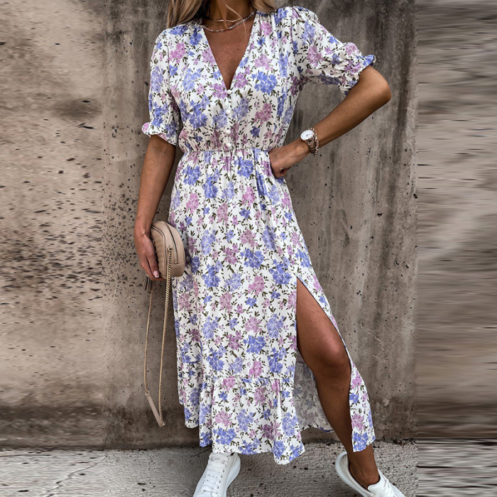 Boho Floral Casual Sexy V Neck Half Sleeve High Waist  Maxi Dress