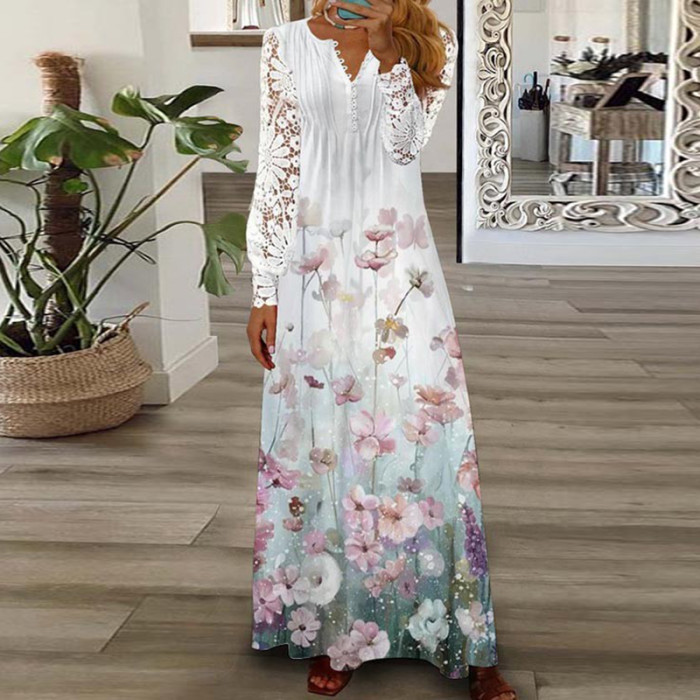 Sexy V Neck Loose Elegant Print Bohemian Party Fashion Pleated  Maxi Dress