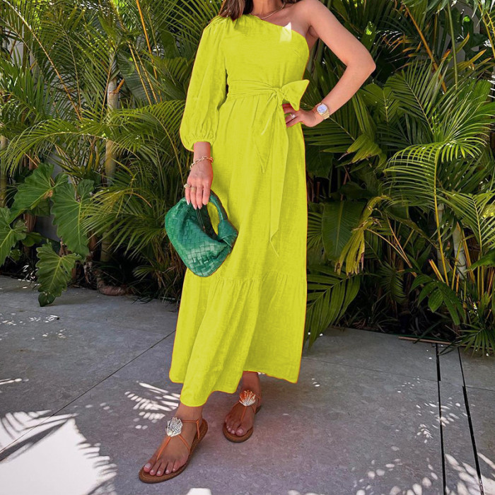 Fashion Solid Color One Shoulder Strap High Waist Sexy Half Sleeve  Maxi Dress