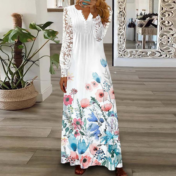 Sexy V Neck Loose Elegant Print Bohemian Party Fashion Pleated  Maxi Dress