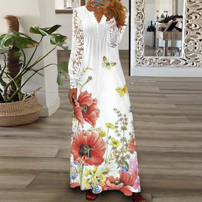 Sexy V Neck Loose Elegant Print Bohemian Party Fashion Pleated  Maxi Dress