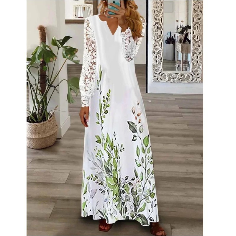Women Fashion V Neck Printed Lace Boho  Maxi Dress