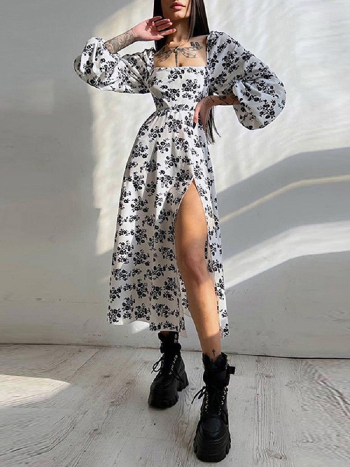 Sexy Elegant Square Neck Puff Sleeve Floral Backless Slit Wedding Guest Dress