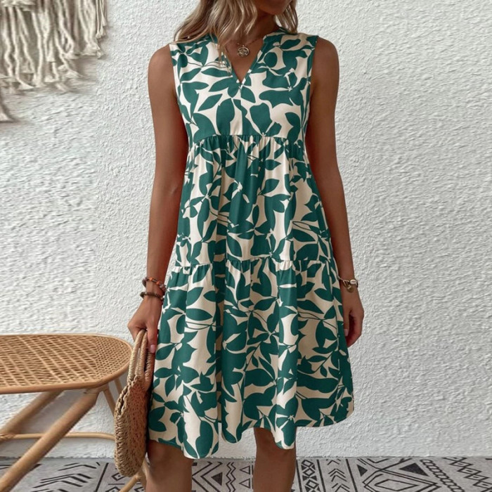 Summer Elegant V Neck Sleeveless Loose Floral Print Party  Casual Dress