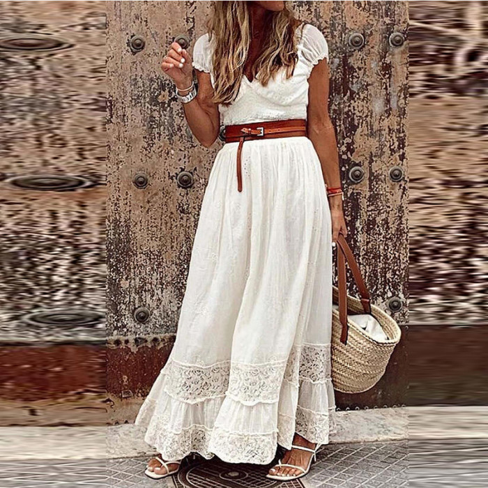 Sexy V Neck Fashion Elegant Embroidered Lace Party Maxi Dress