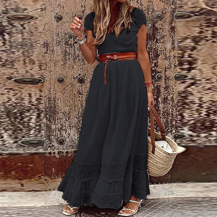 Sexy V Neck Fashion Elegant Embroidered Lace Party Maxi Dress