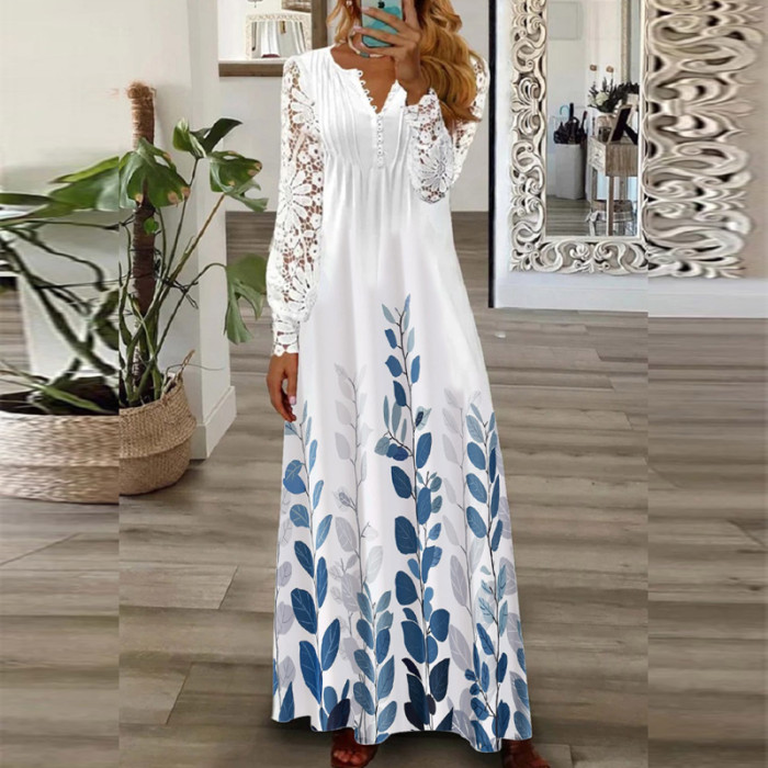 Sexy V Neck Loose Elegant Print Bohemian Party Fashion Pleated  Maxi Dress