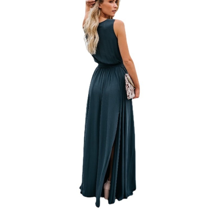 Fashion Sexy Elegant Solid Color V-Neck Sleeveless Slit Party Wedding Guest Dress