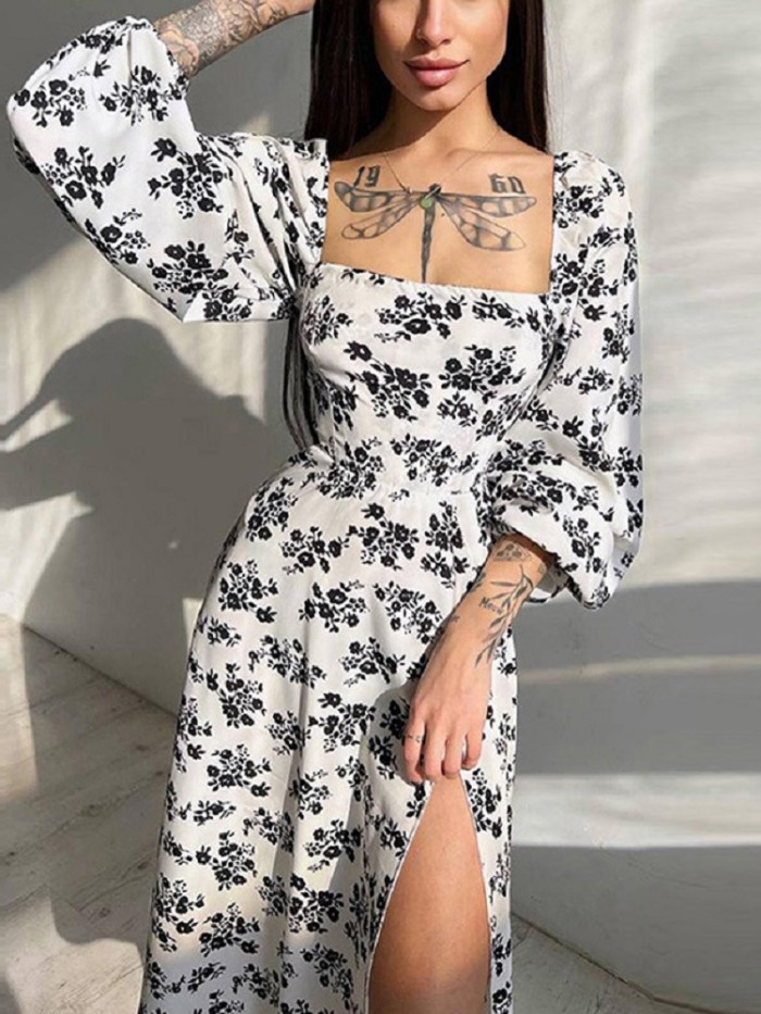 Sexy Elegant Square Neck Puff Sleeve Floral Backless Slit Wedding Guest Dress