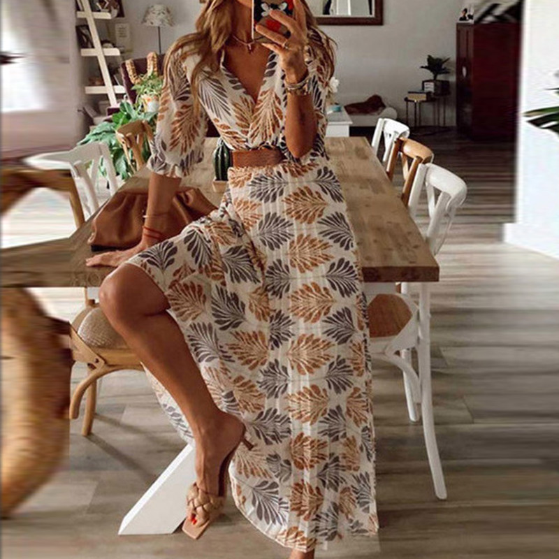Vintage Print A-Line Bohemian Loose Casual V Neck Loose Maxi Dress