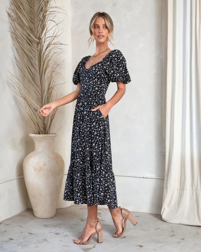 New Bohemian Print V-neck Off-the-back Dress