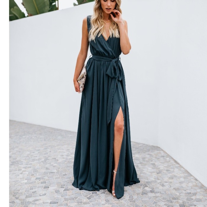 Fashion Sexy Elegant Solid Color V-Neck Sleeveless Slit Party Wedding Guest Dress