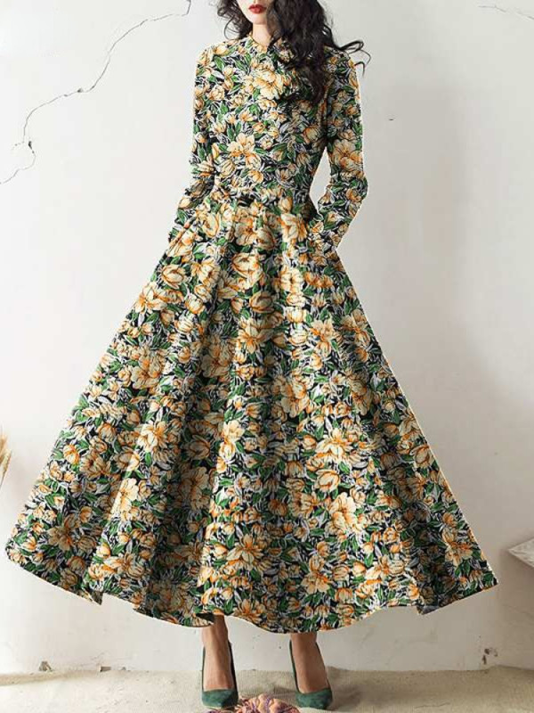 Floral Stand Collar Long Sleeve Fashionable Evening Dress