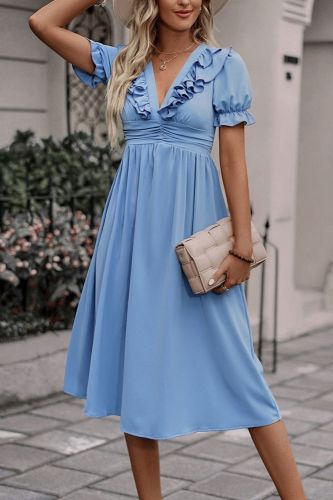 Elegant Fashion V Neck Solid Color Short Puff Sleeve High Waist Wedding Guest Dress