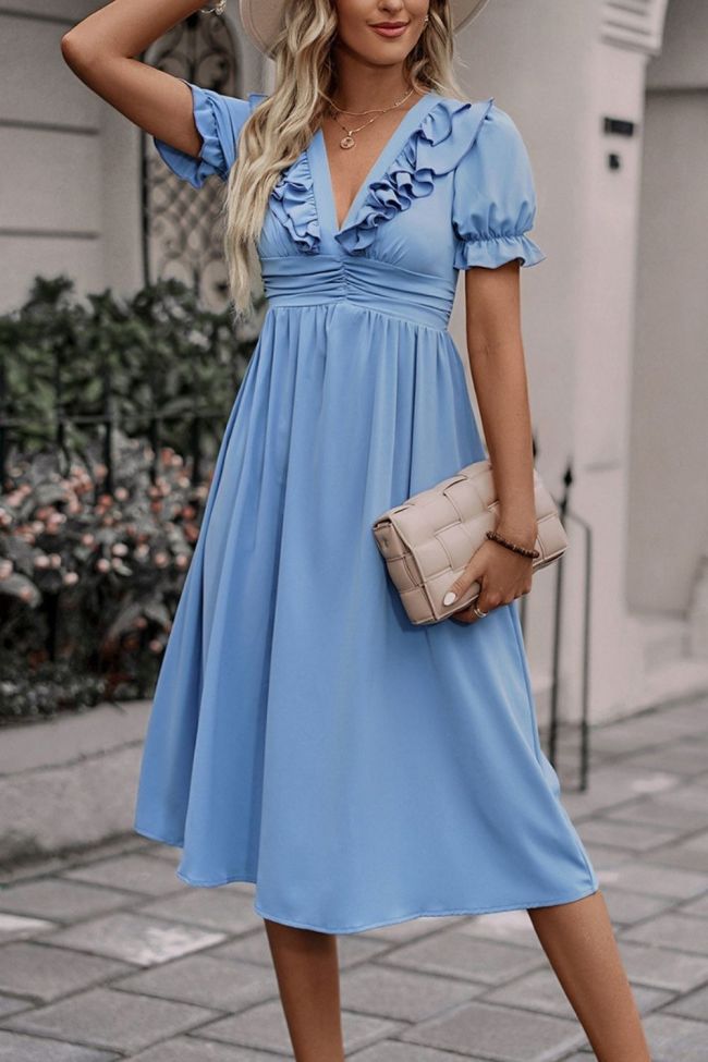 Elegant Fashion V Neck Solid Color Short Puff Sleeve High Waist Wedding Guest Dress
