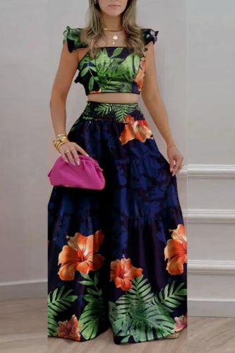 Trendy Bohemian Print Pleated Cropped Top and Skirt Wedding Guest Dress
