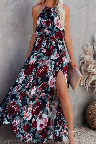 Trendy Bohemian Sleeveless Elegant Holiday Print MaxiWedding Guest Dress