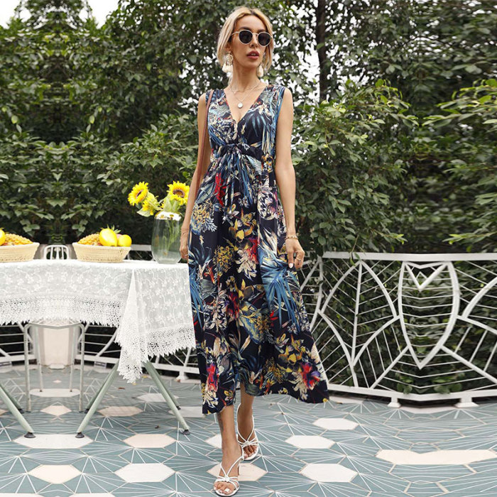 Sexy V-Neck Floral Casual Sleeveless Print Maxi Dress