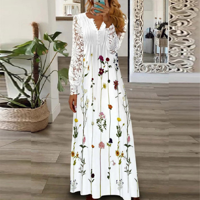 Sexy V Neck Loose Elegant Print Bohemian Party Fashion Pleated  Maxi Dress
