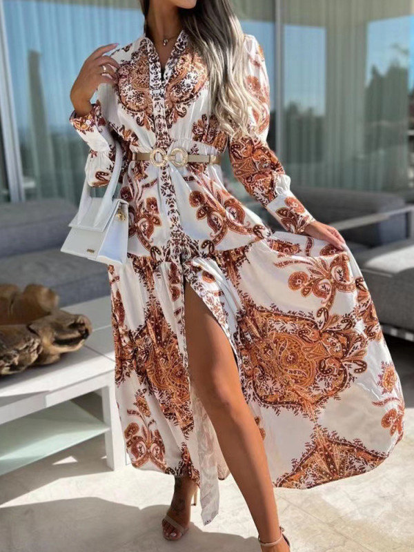 Sexy V Neck Split Elegant Printed Vintage Casual Long Sleeved Maxi Dress